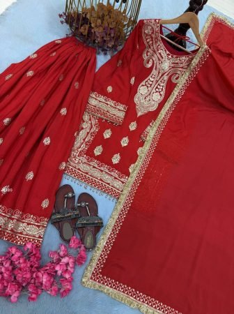 Karva Chauth Special Chinon Embroidered  Palazzo Suit Set