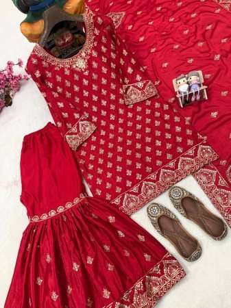 Karva Chauth Special Chinon Embroidered Kurti Sharara Set