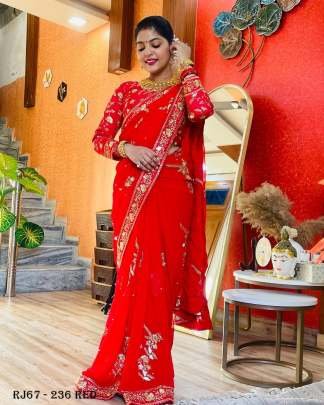karva chauth Special Red Soft Georgette Zari Sequence Work Saree
