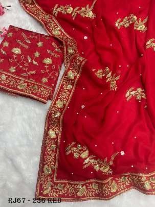 karva chauth Special Red Soft Georgette Zari Sequence Work Saree
