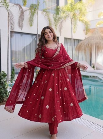 Karvachauth Special Crunchy Silk Embroidered Red Anarkali Suit Set