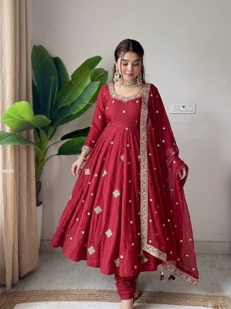 Karvachauth Special Crunchy Silk Embroidered Red Anarkali Suit Set