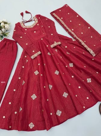 Karvachauth Special Crunchy Silk Embroidered Red Anarkali Suit Set