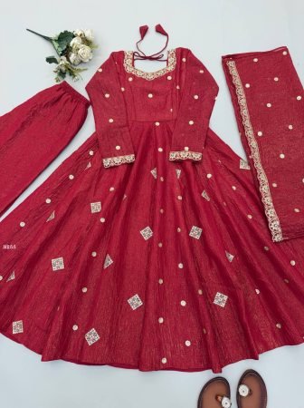 Karvachauth Special Crunchy Silk Embroidered Red Anarkali Suit Set