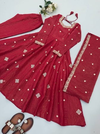 Karvachauth Special Crunchy Silk Embroidered Red Anarkali Suit Set