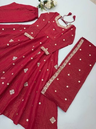 Karvachauth Special Crunchy Silk Embroidered Red Anarkali Suit Set
