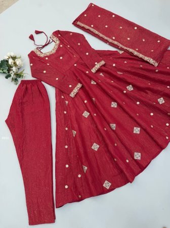 Karvachauth Special Crunchy Silk Embroidered Red Anarkali Suit Set
