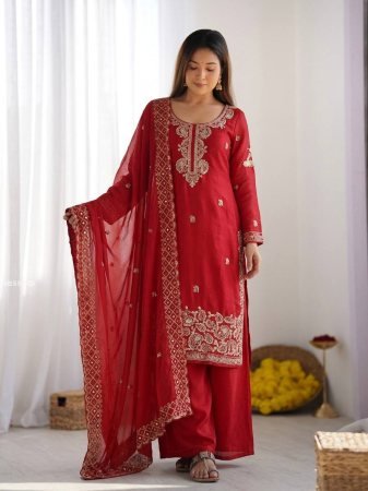 Karvachauth  Special Red Palazzo Suit Set With Embroidered Dupatta 
