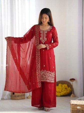 Karvachauth  Special Red Palazzo Suit Set With Embroidered Dupatta