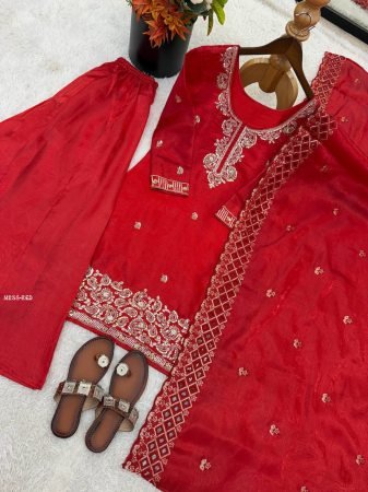 Karvachauth  Special Red Palazzo Suit Set With Embroidered Dupatta