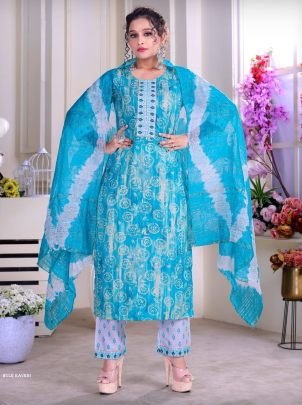 KAVERI Blue color Rayon Print with work kurti pant dupatta sets