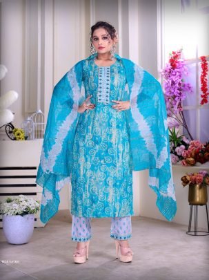 KAVERI Blue color Rayon Print with work kurti pant dupatta sets