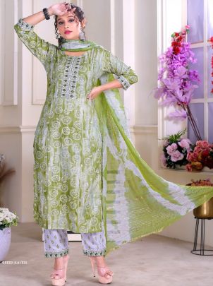 KAVERI Green color Rayon Print with work kurti pant dupatta sets