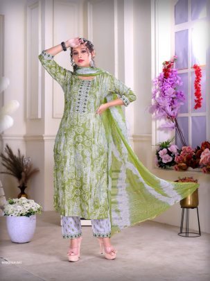 KAVERI Green color Rayon Print with work kurti pant dupatta sets