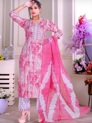 KAVERI Pink color Rayon Print with work kurti pant dupatta sets