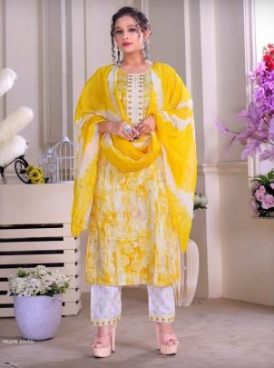 KAVERI Yellow color Rayon Print with work kurti pant dupatta sets
