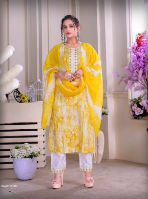 KAVERI Yellow color Rayon Print with work kurti pant dupatta sets