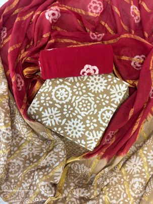 Khakhi And Red Wax Batik Pure Cotton Dress Material