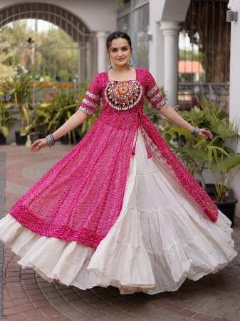 Kora Cotton Fabric Pink Colour Navratri Lehenga 