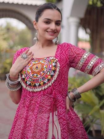 Kora Cotton Fabric Pink Colour Navratri Lehenga