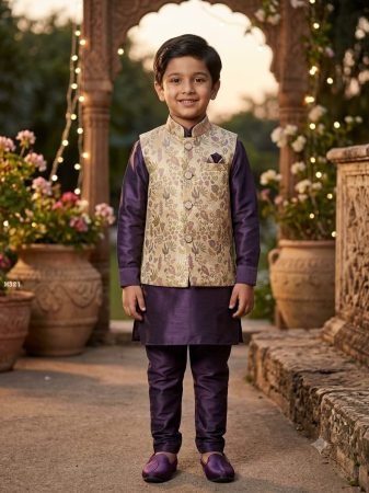Kurta Payjama Set With Koti In Purple For Boys