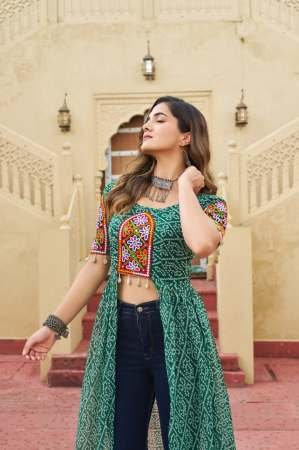 Kutchi Patchework Green Colour Navratri Kurti