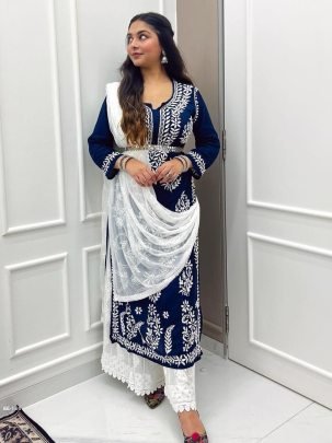 Ladies Embroidered Work Rayon Kurti and Palazzo with Dupatta