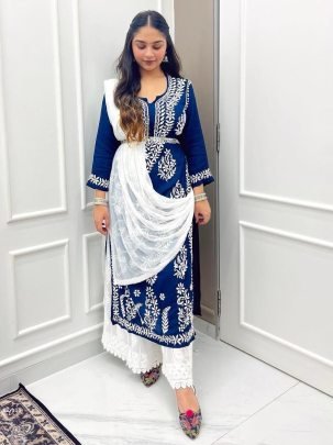 Ladies Embroidered Work Rayon Kurti and Palazzo with Dupatta