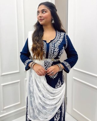 Ladies Embroidered Work Rayon Kurti and Palazzo with Dupatta