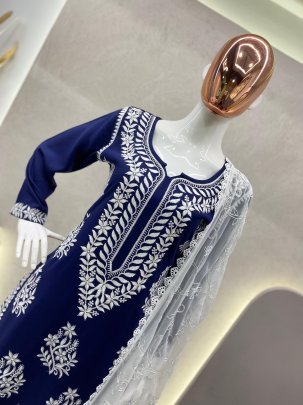 Ladies Embroidered Work Rayon Kurti and Palazzo with Dupatta