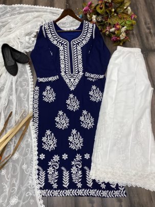Ladies Embroidered Work Rayon Kurti and Palazzo with Dupatta