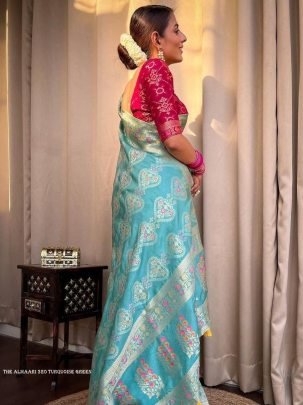 Ladies Turquoise Green Wedding Banarasi Soft Silk Saree