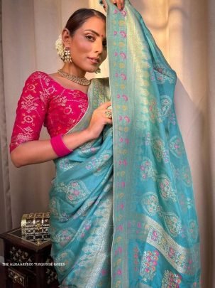 Ladies Turquoise Green Wedding Banarasi Soft Silk Saree