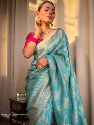 Ladies Turquoise Green Wedding Banarasi Soft Silk Saree