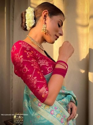 Ladies Turquoise Green Wedding Banarasi Soft Silk Saree