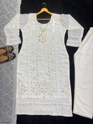 Designer Georgette White Long Kurti Pant Dupatta Set