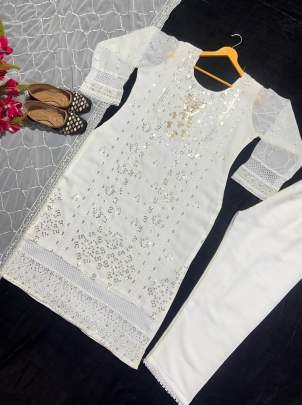 Designer Georgette White Long Kurti Pant Dupatta Set