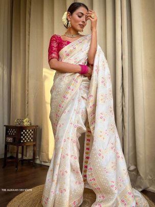 Ladies White Wedding Banarasi Soft Silk Saree