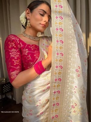 Ladies White Wedding Banarasi Soft Silk Saree