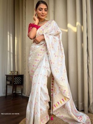 Ladies White Wedding Banarasi Soft Silk Saree
