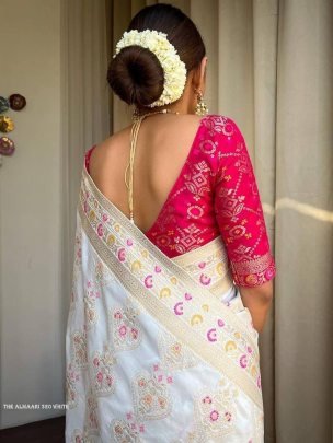 Ladies White Wedding Banarasi Soft Silk Saree