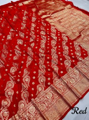 LAHER Red Beautiful Pure Banarasi Silk Saree