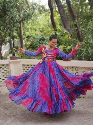Navratri Special Laheriya Bandhej Gown With Kutchi Patchwork