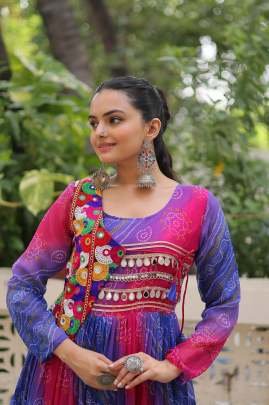 Navratri Special Laheriya Bandhej Gown With Kutchi Patchwork