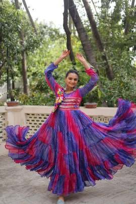 Navratri Special Laheriya Bandhej Gown With Kutchi Patchwork