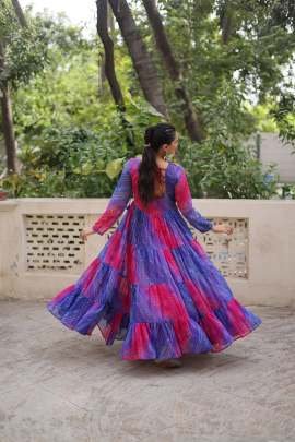 Navratri Special Laheriya Bandhej Gown With Kutchi Patchwork