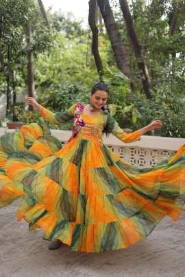 Laheriya Bandhej Yellow And Green Printed Kutchi Patche Work Gown