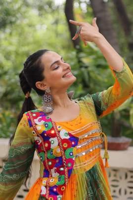 Laheriya Bandhej Yellow And Green Printed Kutchi Patche Work Gown