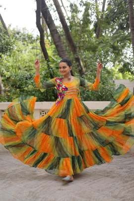 Laheriya Bandhej Yellow And Green Printed Kutchi Patche Work Gown