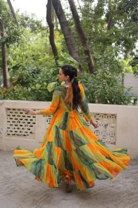 Laheriya Bandhej Yellow And Green Printed Kutchi Patche Work Gown